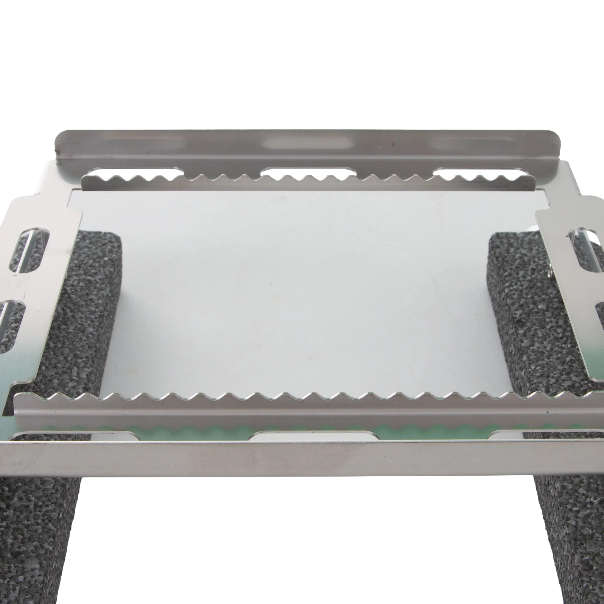 Floating Straw Rack,"Stainless steel rack with serrated slots and black foam side floats"