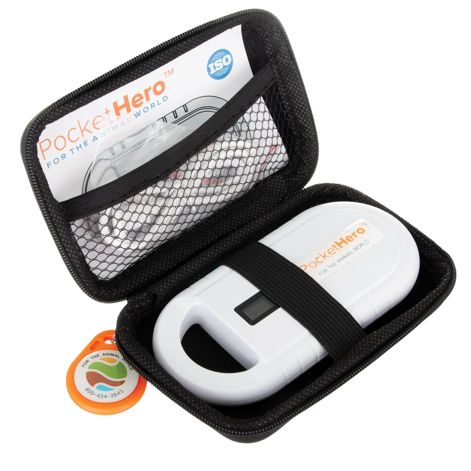 Pocket Hero™ ISO Microchip Scanner,"White handheld scanner in open black zip case with orange tag"