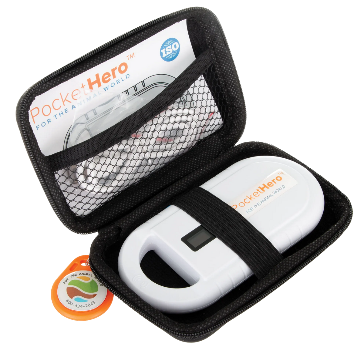 Pocket Hero™ ISO Microchip Scanner,"White handheld scanner in open black zip case with orange tag"