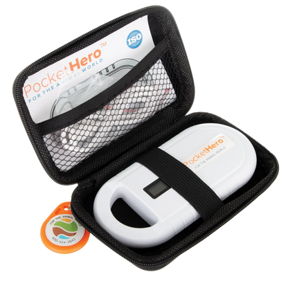 Pocket Hero™ ISO Microchip Scanner,"White handheld scanner in open black zip case with orange tag"