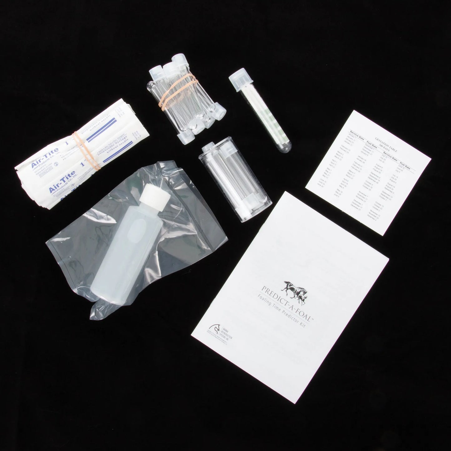 Predict-A-Foal™,"Kit contents with clear vials, bottle, wrapped syringes, and instruction sheets"