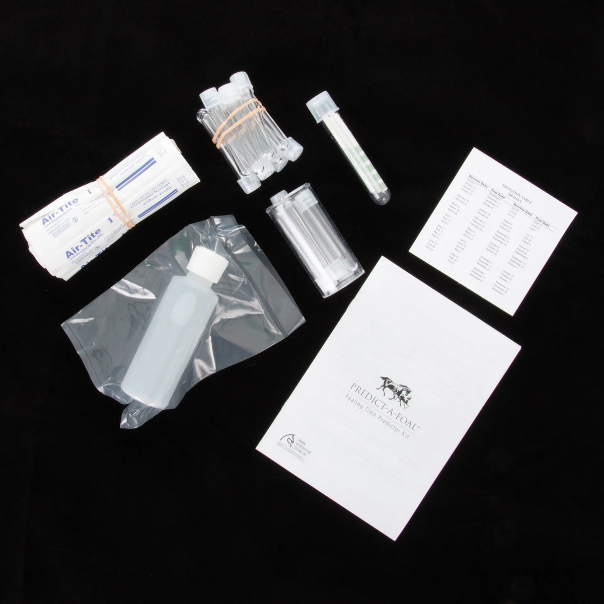 Predict-A-Foal™,"Kit contents with clear vials, bottle, wrapped syringes, and instruction sheets"