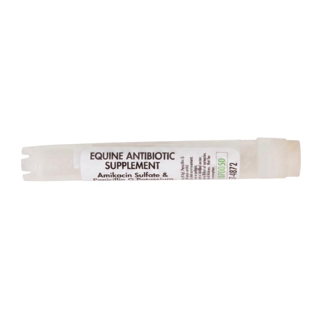 Amikacin Sulfate & Penicillin G Potassium,"White plastic dosing syringe with label, side view"