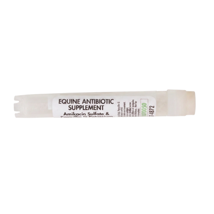 Amikacin Sulfate & Penicillin G Potassium,"White plastic dosing syringe with label, side view"