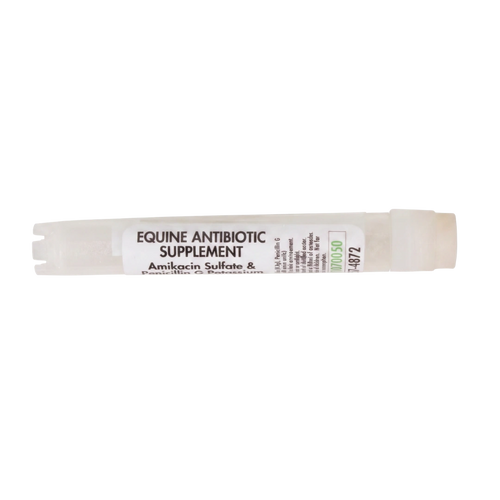 Amikacin Sulfate & Penicillin G Potassium,"White plastic dosing syringe with label, side view"