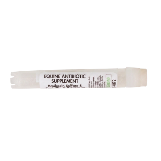 Amikacin Sulfate & Penicillin G Potassium,"White plastic dosing syringe with label, side view"