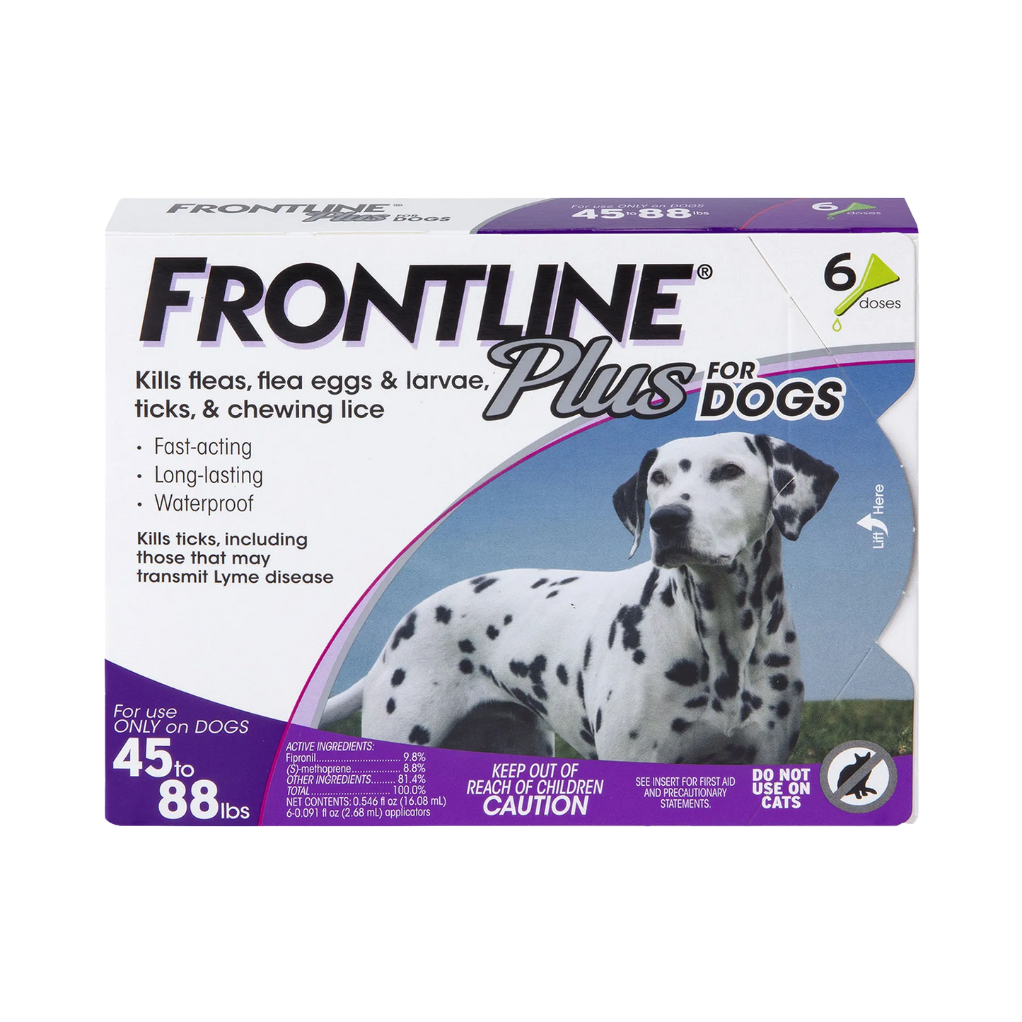 Frontline® Plus for Dogs,"Front of box with Dalmatian image for 6-dose dog treatment"