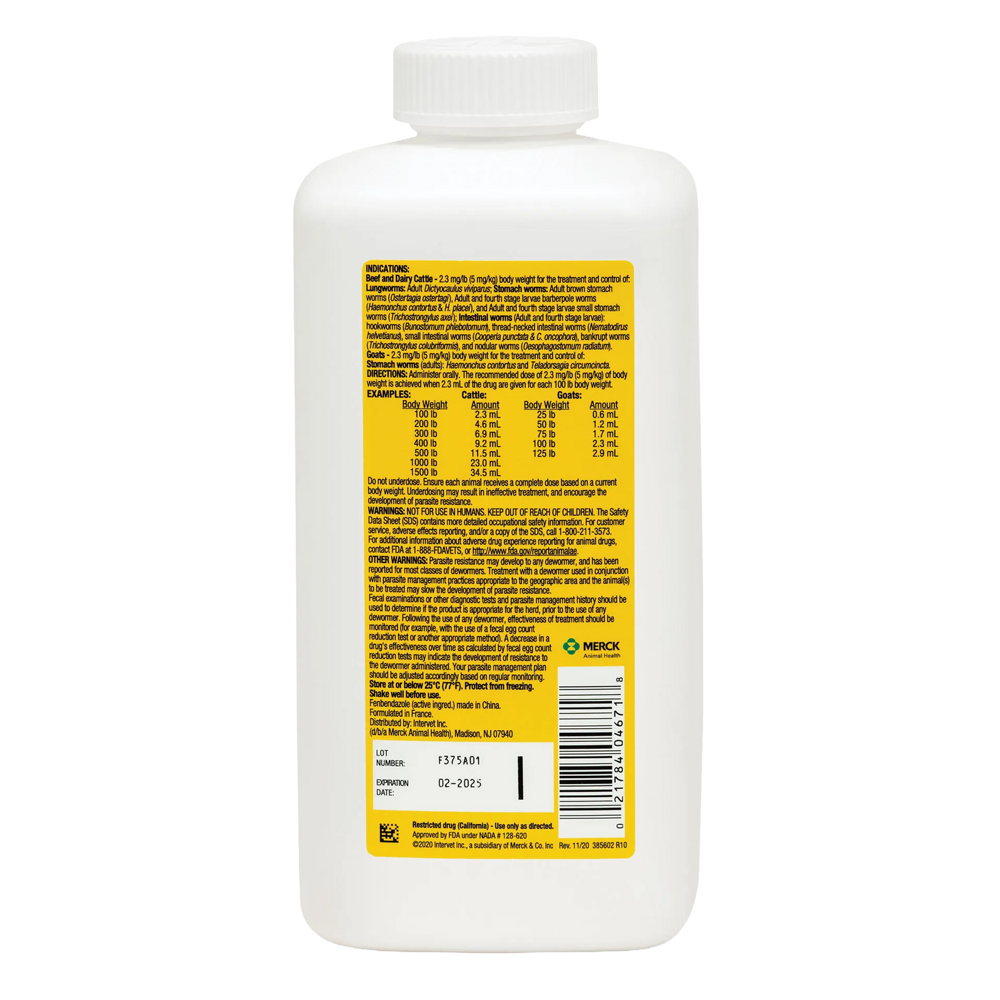 Safe-Guard® Dewormer for Goats Cattle,"White bottle with yellow back label and white cap"