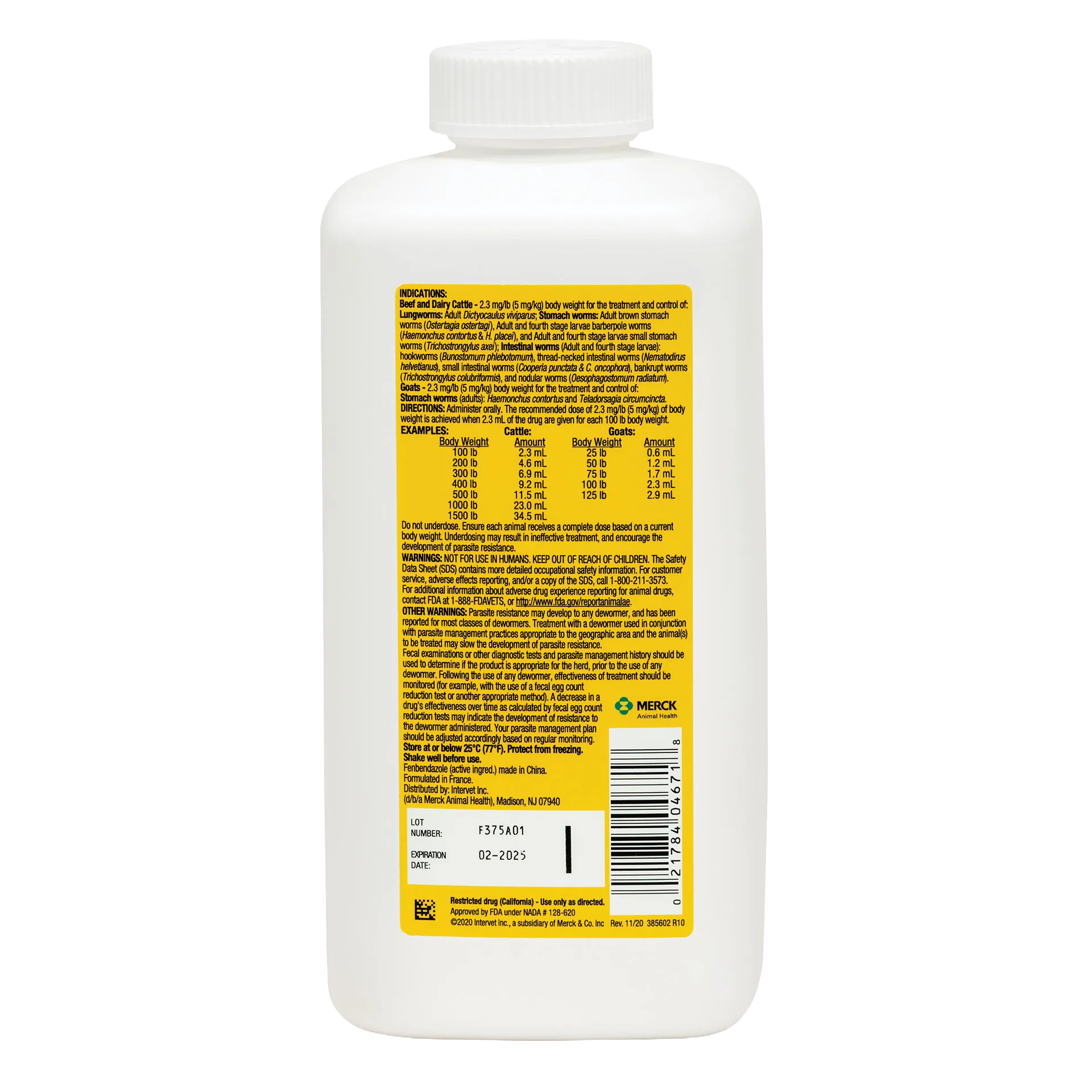 Safe-Guard® Dewormer for Goats Cattle,"White bottle with yellow back label and white cap"