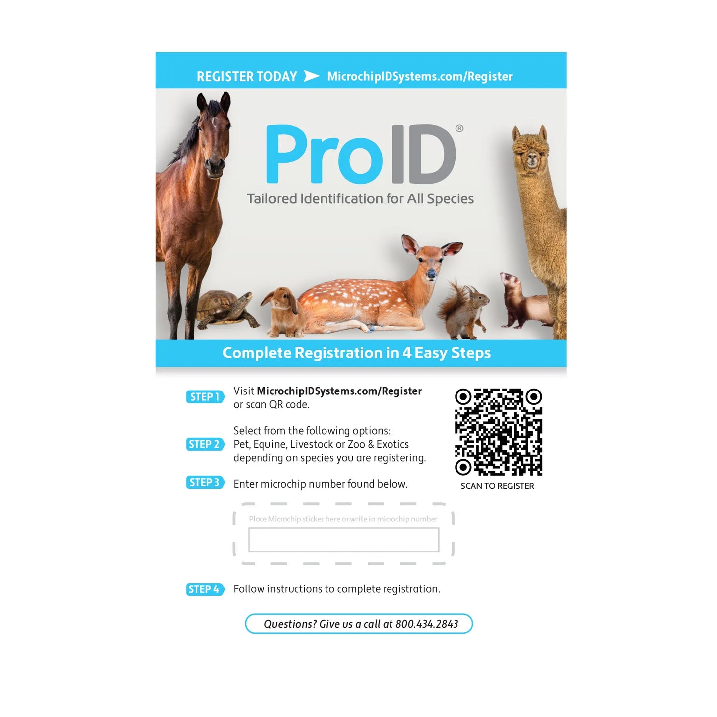 ProID® ISO Microchips,"Registration card with QR code and animal images"