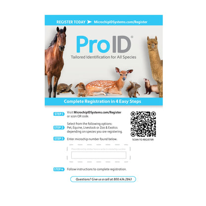 ProID® ISO Microchips,"Registration card with QR code and animal images"
