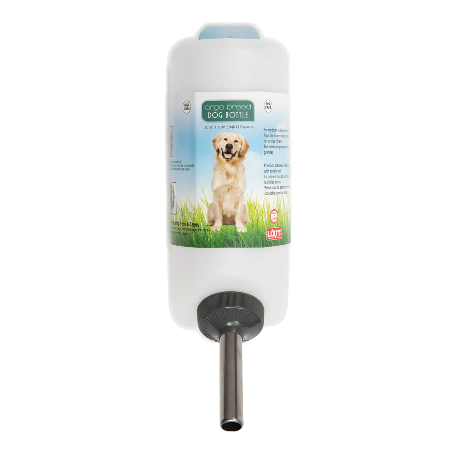 Lixit® Dog Waterer,"White water bottle with metal drinking tube"