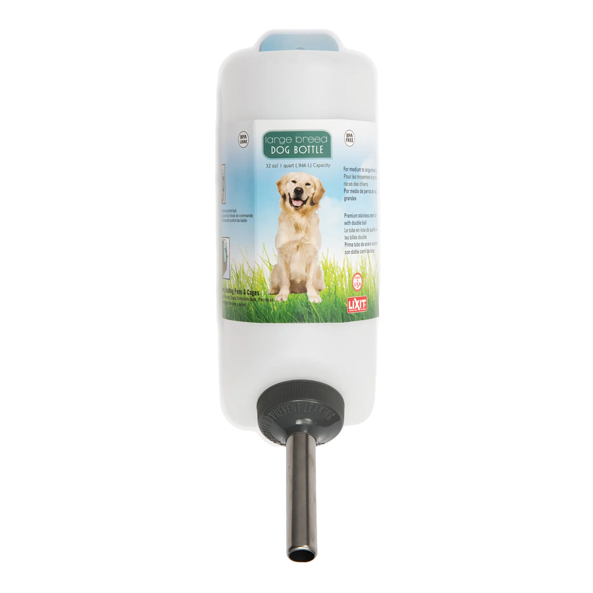 Lixit® Dog Waterer,"White water bottle with metal drinking tube"