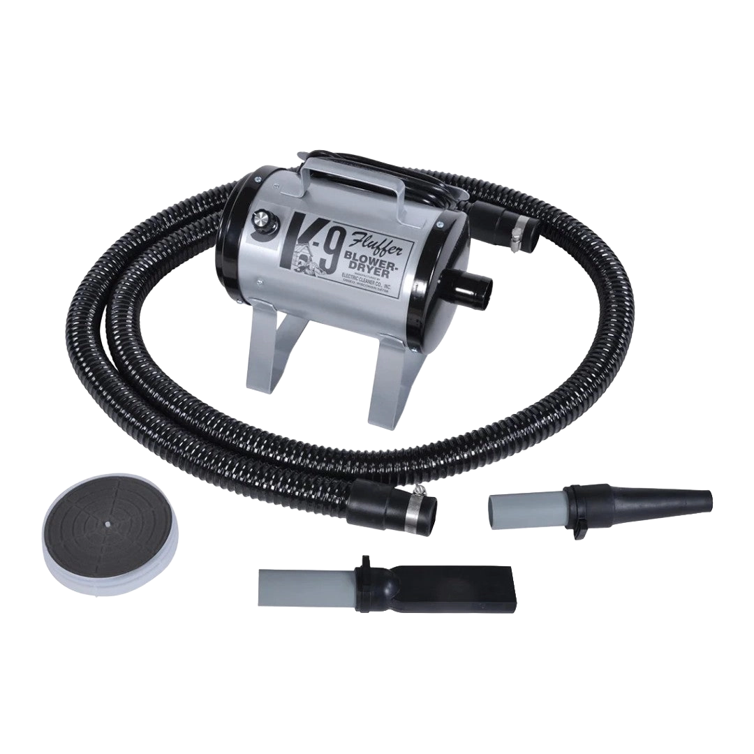 K-9 Fluffer Dog Dryer & Dog Fluffer,"Canister dryer with coiled hose, two nozzles, and round filter"