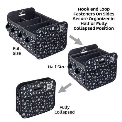 Dogssentials Collapsible Storage Organizer,"Black organizer shown expanded, half-folded, and collapsed"