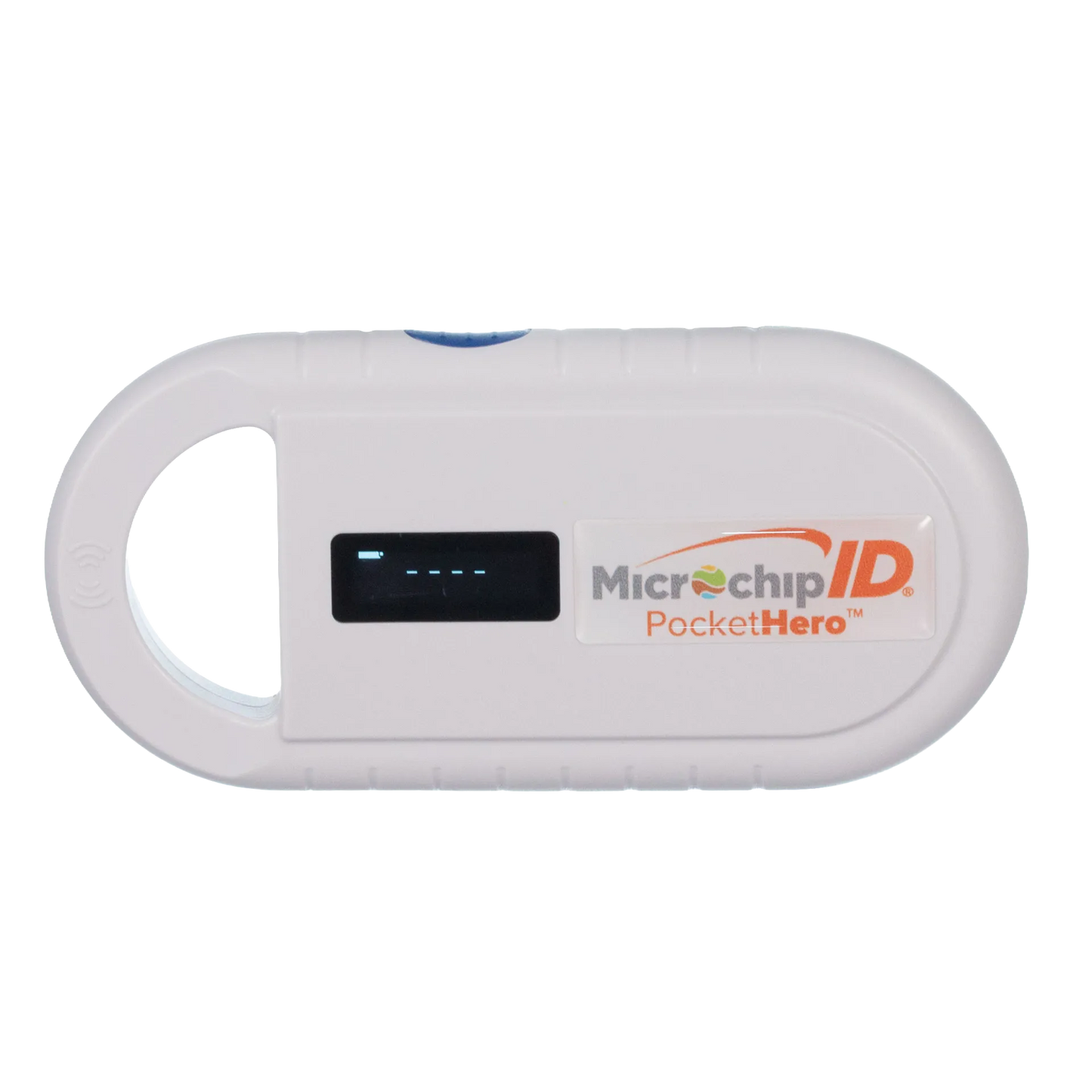 Pocket Hero™ ISO Microchip Scanner,"White handheld scanner with display screen and finger grip opening"