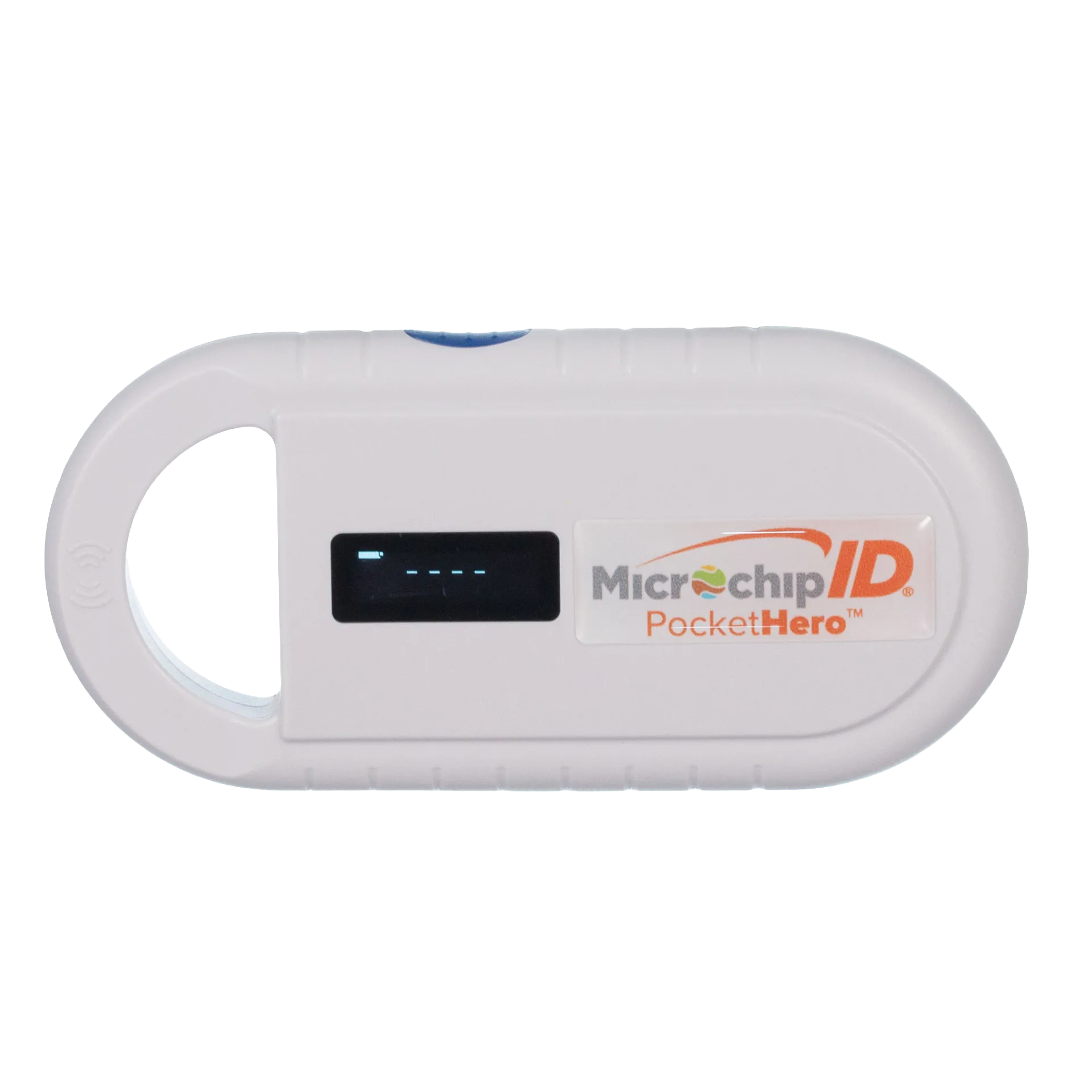 Pocket Hero™ ISO Microchip Scanner,"White handheld scanner with display screen and finger grip opening"