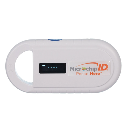 Pocket Hero™ ISO Microchip Scanner,"White handheld scanner with display screen and finger grip opening"
