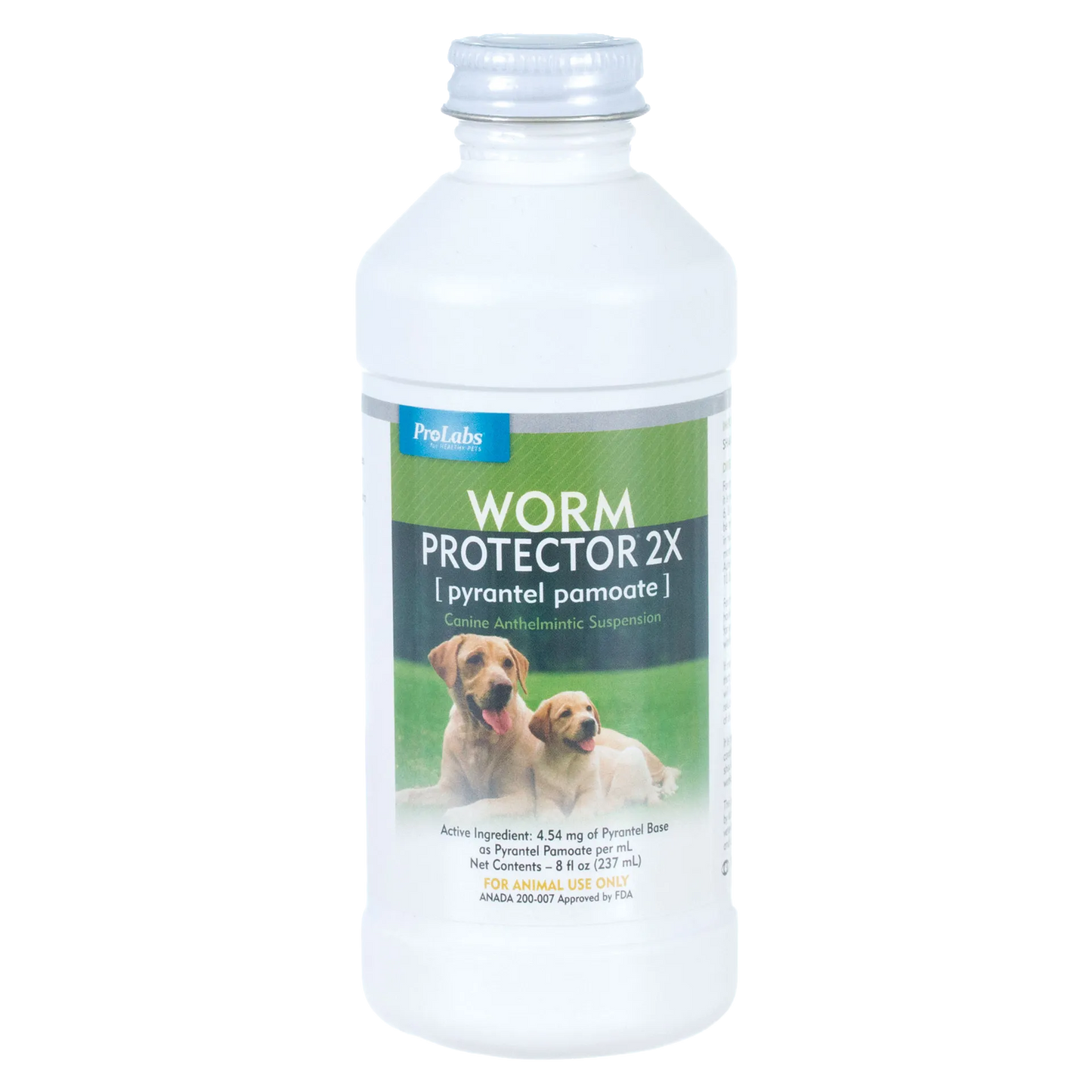 Worm Protector® 2X,"White bottle with green label and dog image"