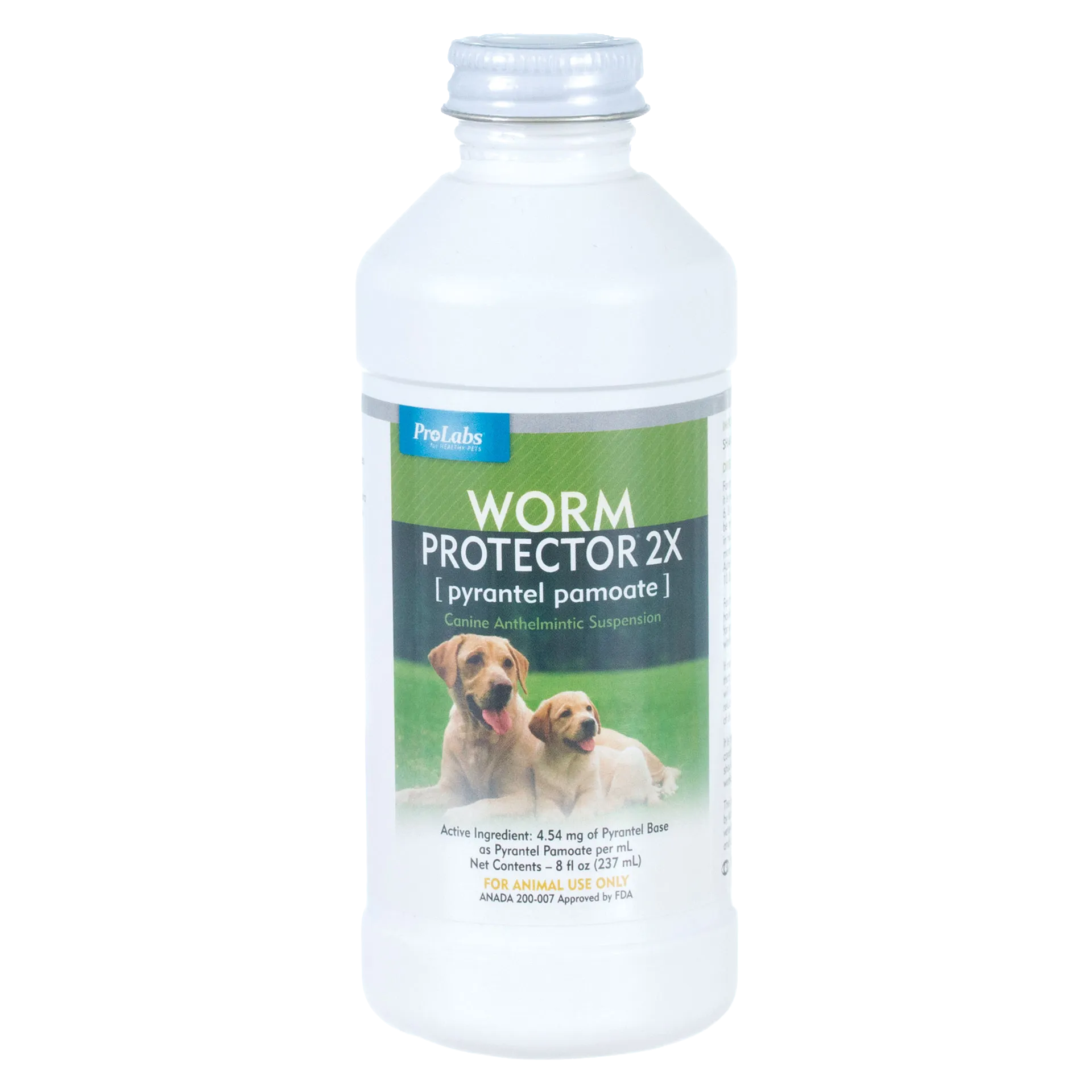 Worm Protector® 2X,"White bottle with green label and dog image"