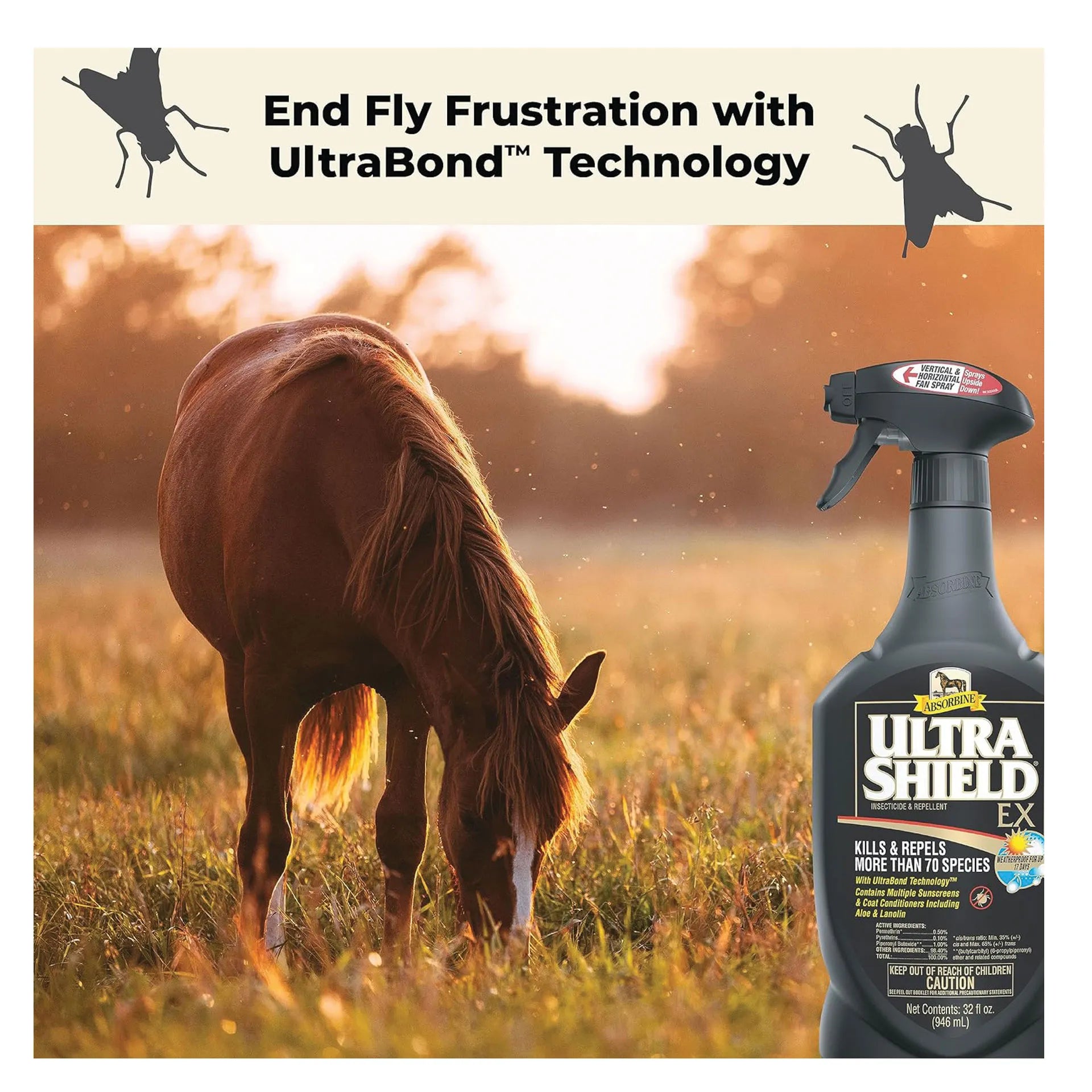 UltraShield® EX Insecticide & Repellent,"Spray bottle beside grazing horse in field"