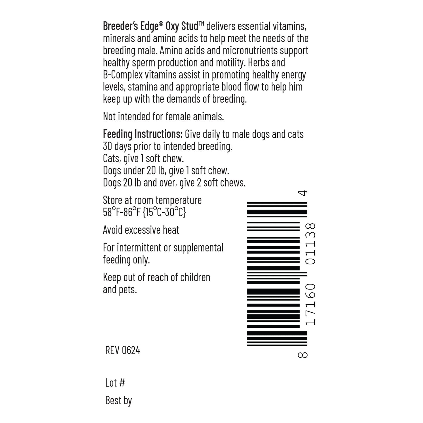 Breeder's Edge® Oxy Stud™,"Back of package with feeding directions and barcode"