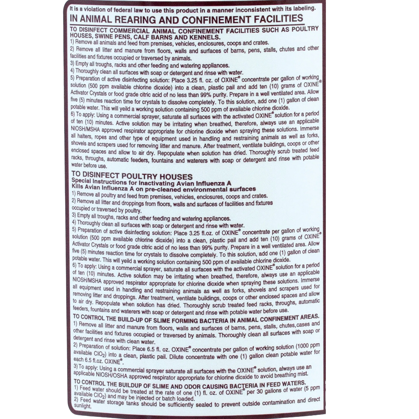 Oxine® Animal Health (AH),"Back label with usage instructions on bottle"