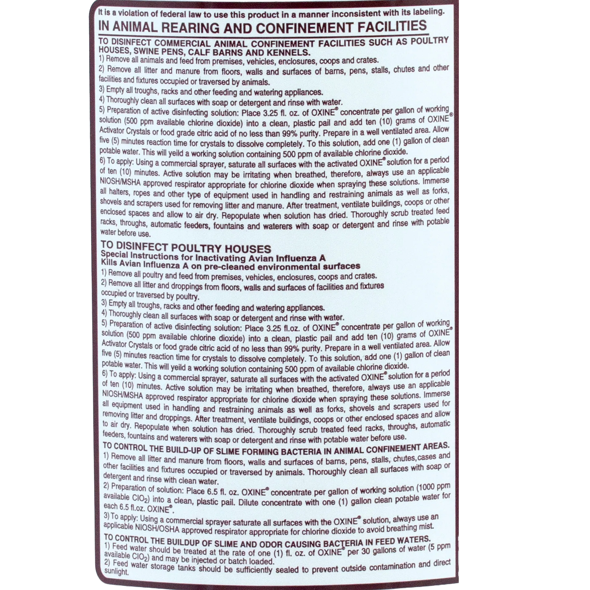 Oxine® Animal Health (AH),"Back label with usage instructions on bottle"