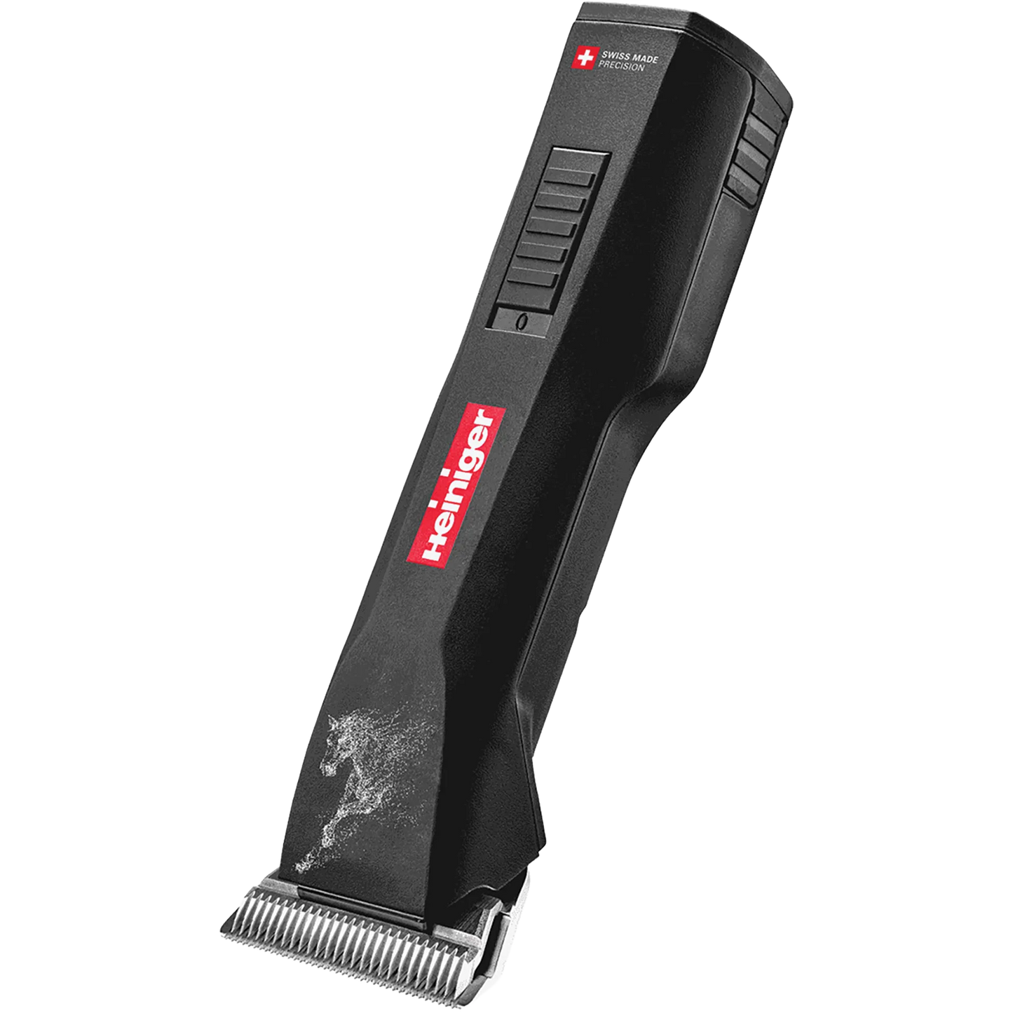 Horse Saphir Cordless Clipper with 2 Batteries and #10WF Blade by Heiniger,"Black cordless clipper with metal blade, angled side view"
