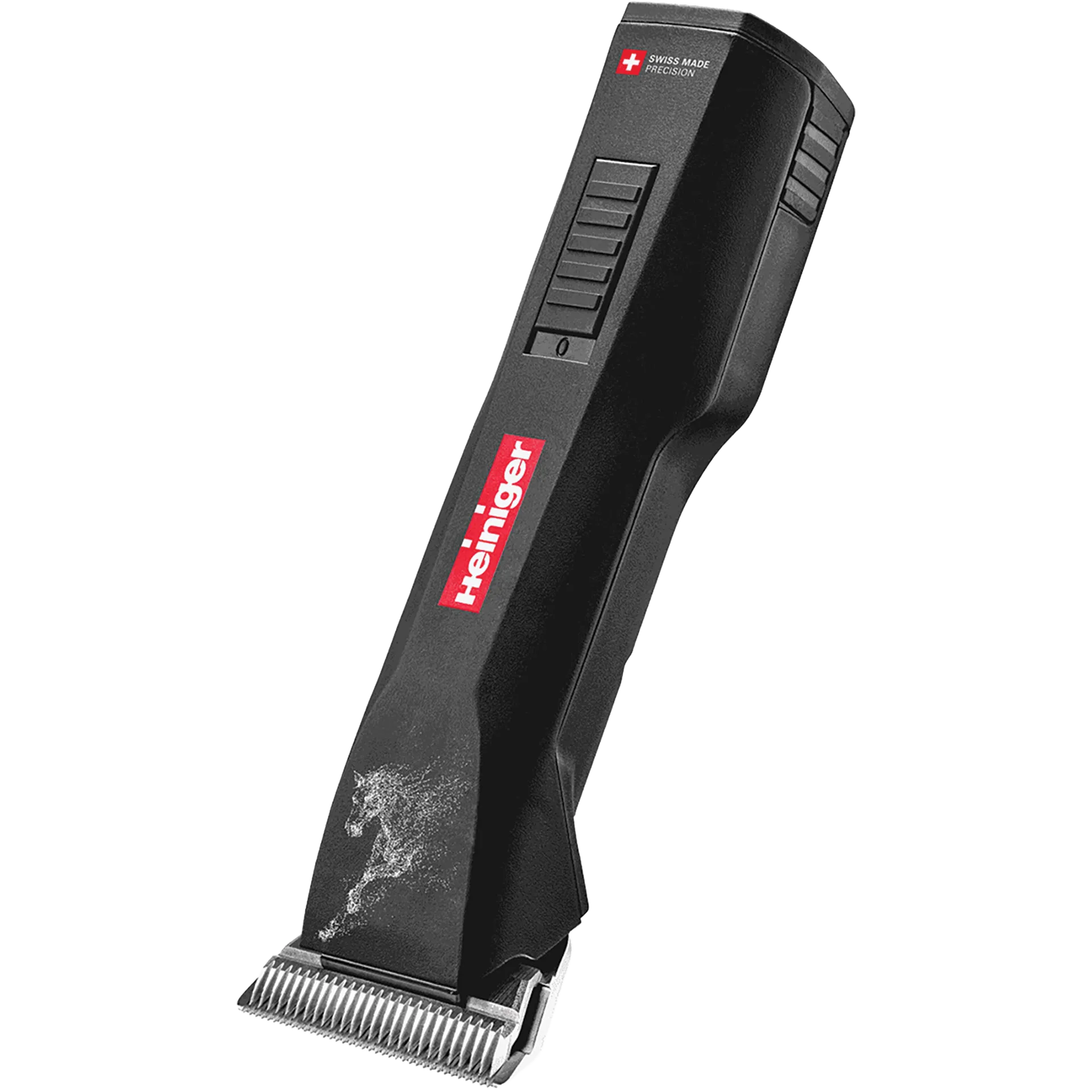 Horse Saphir Cordless Clipper with 2 Batteries and #10WF Blade by Heiniger,"Black cordless clipper with metal blade, angled side view"