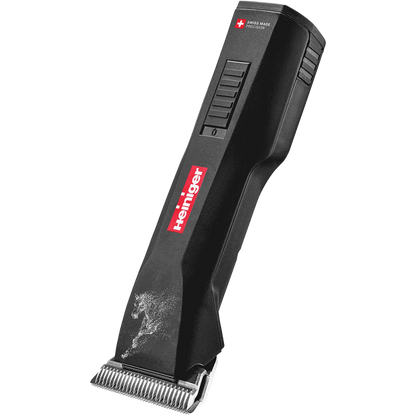 Horse Saphir Cordless Clipper with 2 Batteries and #10WF Blade by Heiniger,"Black cordless clipper with metal blade, angled side view"