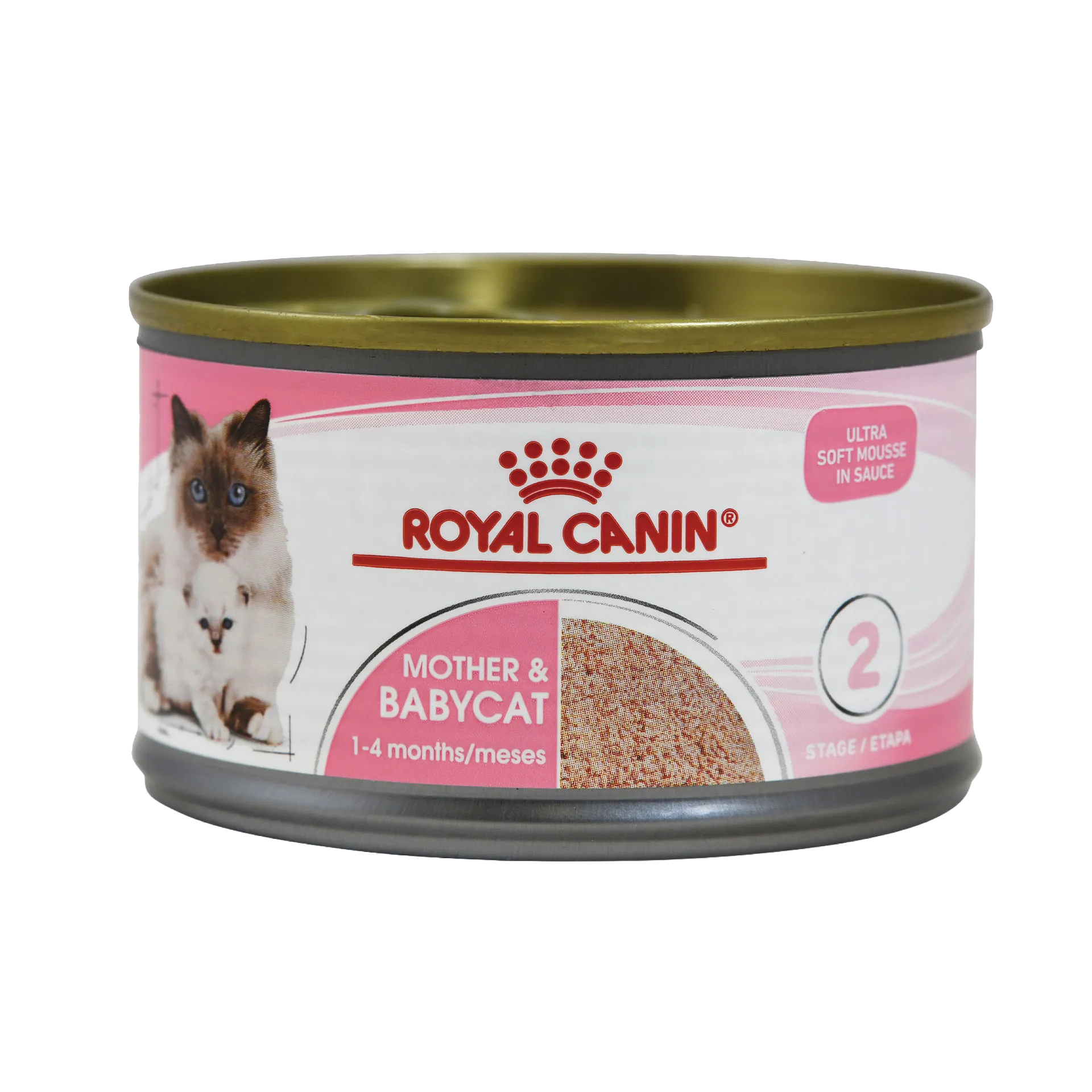 Royal Canin® Starter Mousse Mother & Babycat Birth Program Cat Food Can,"Pink cat food can with mother cat and kitten image"