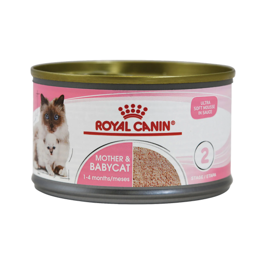 Royal Canin® Starter Mousse Mother & Babycat Birth Program Cat Food Can,"Pink cat food can with mother cat and kitten image"