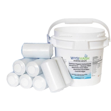 Wysiwash® Sanitizing System,"White bucket with caplets and blue wrapped refill roll"