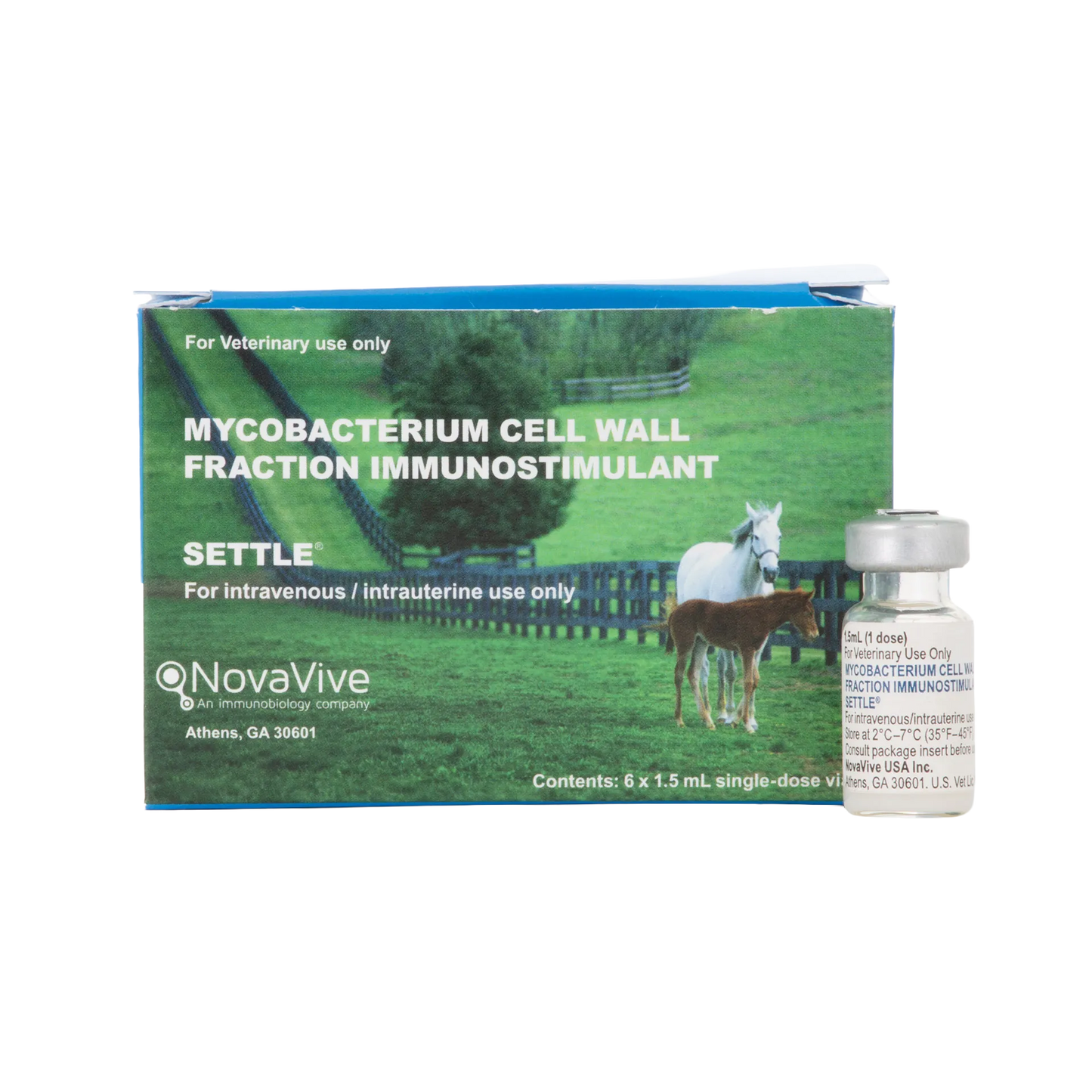 Settle,"Box with vial in front and horse pasture graphic"