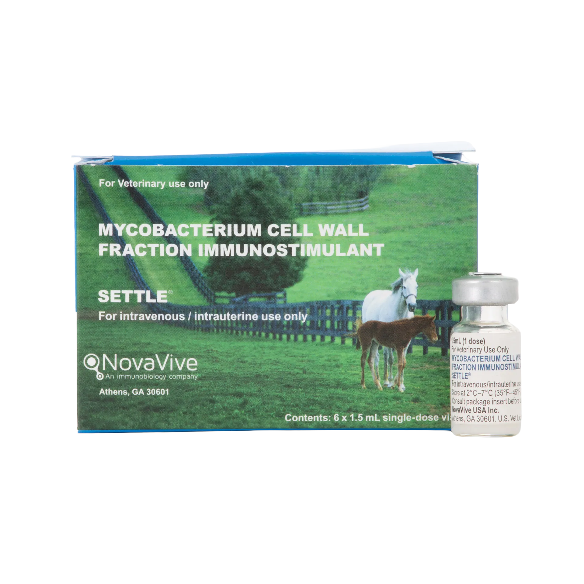 Settle,"Box with vial in front and horse pasture graphic"