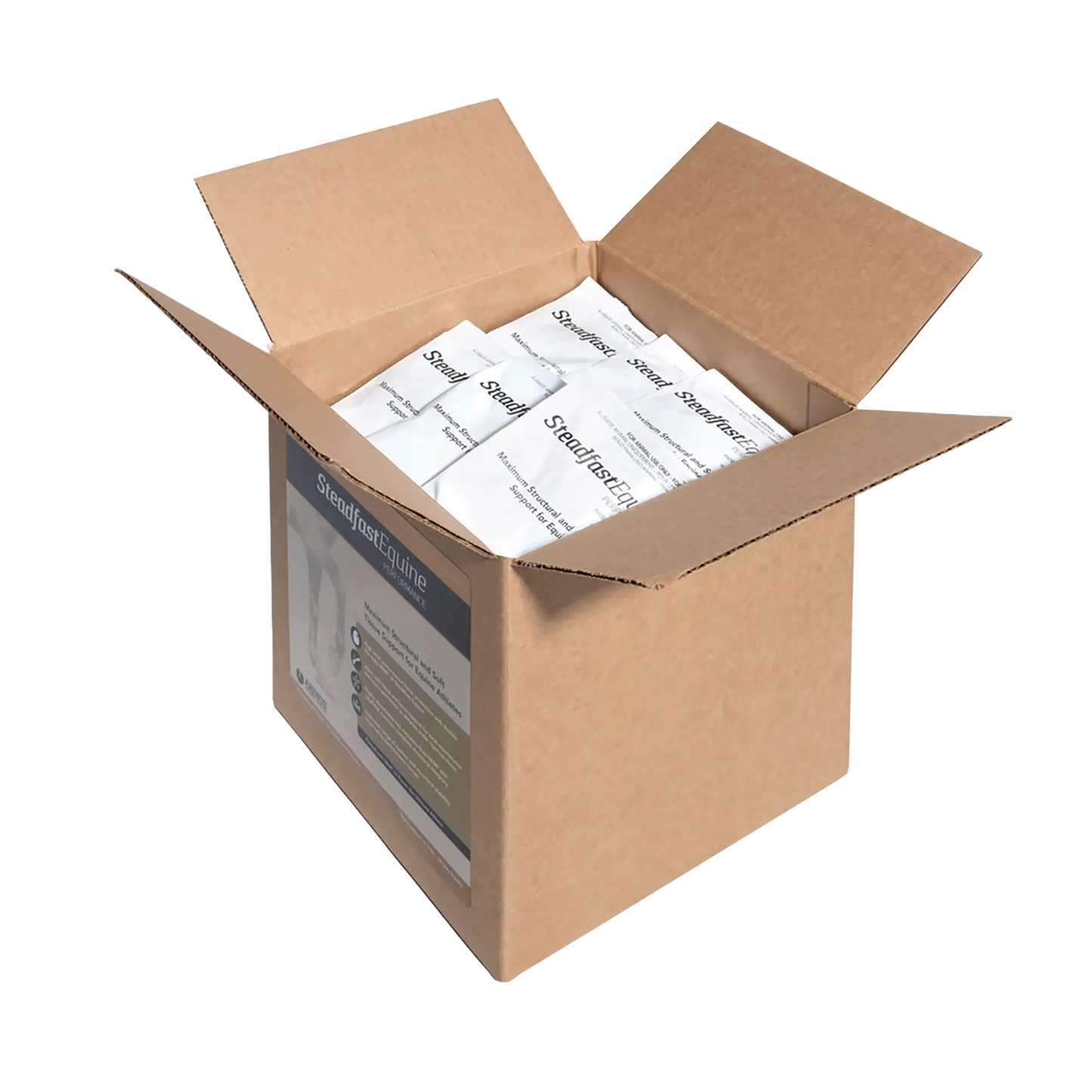 Steadfast® Equine Performance,"Open cardboard box with white individual packets inside"