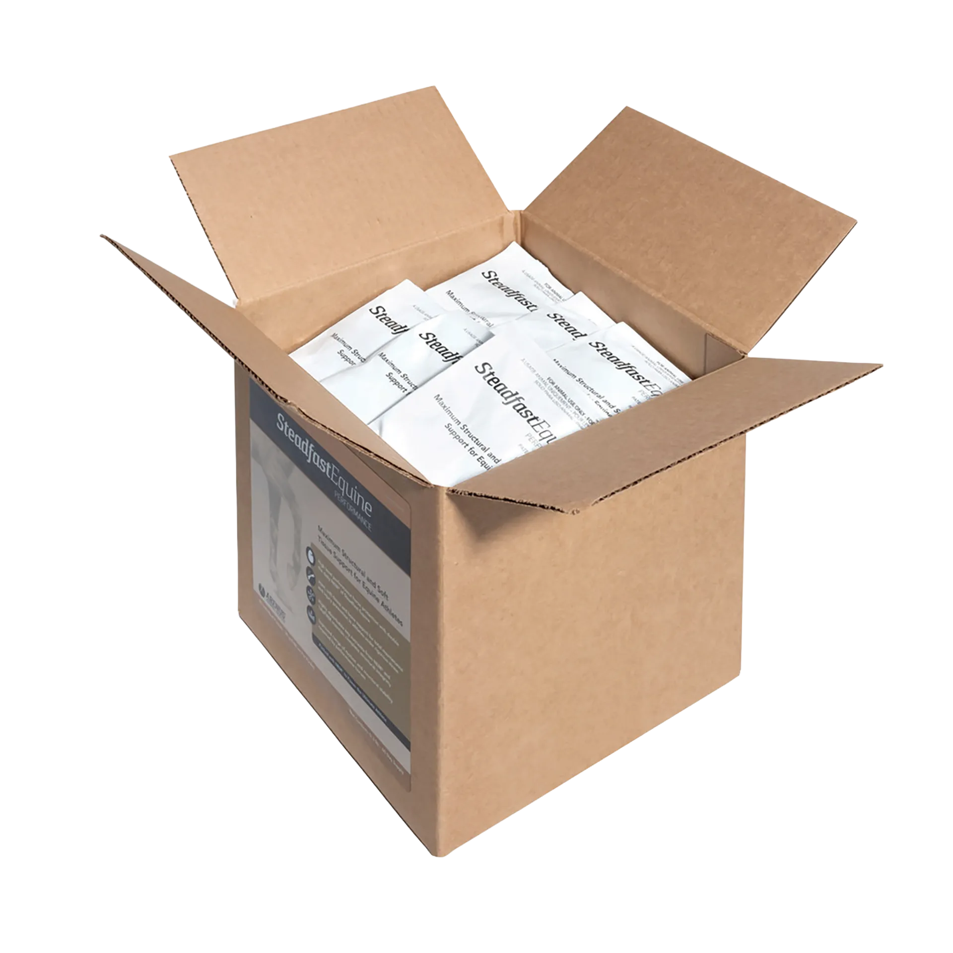 Steadfast® Equine Performance,"Open cardboard box with white individual packets inside"