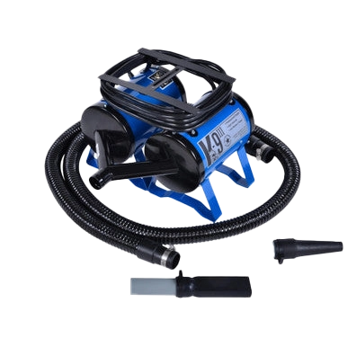 K-9 III Dog Dryer With FREE Water Peeler,"Blue dog dryer with hose and two black nozzle attachments"