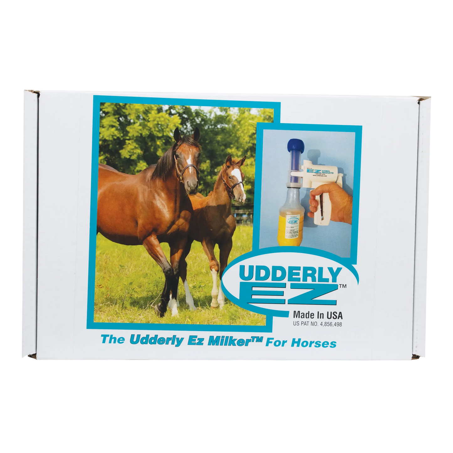 Udderly EZ Horse Milker,"Product box with horse photo and milker shown in use"