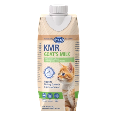 PetAg Goats Milk KMR Liquid Kitten Milk Replacer Ready-to-Feed Formula,"Carton with screw cap and kitten photo"