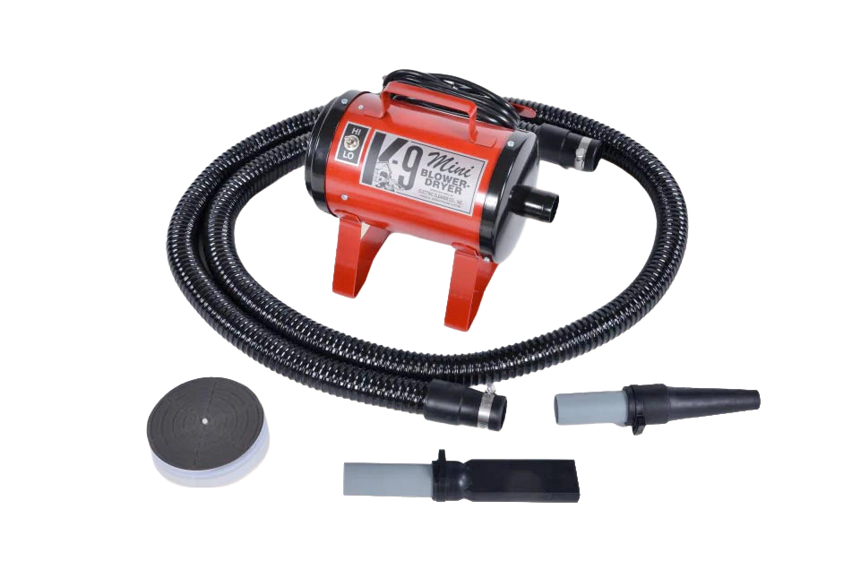 Mini K-9 Dog Dryer,"Red blower dryer with flexible hose and nozzle attachments"