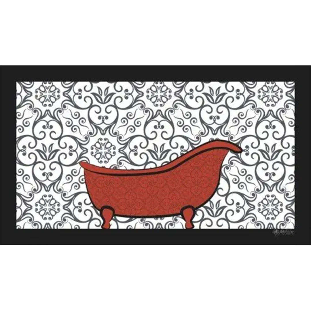 Sink Bathing Mat,"Bath mat with red clawfoot tub and black scroll pattern"