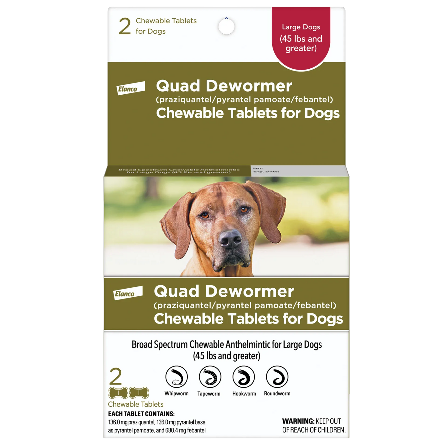 Quad Dewormer,"Front of box with dog photo and two chewable tablets"