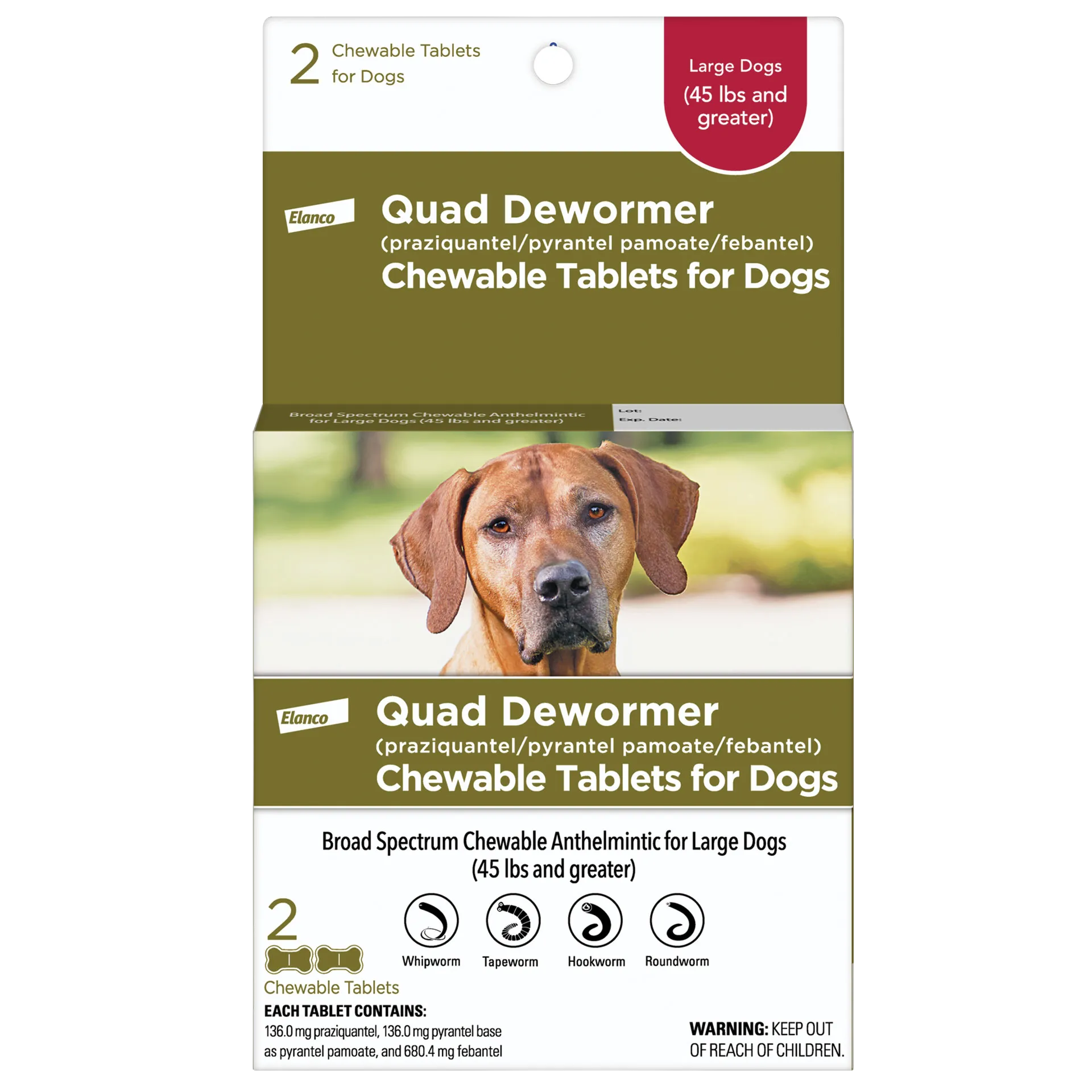 Quad Dewormer,"Front of box with dog photo and two chewable tablets"