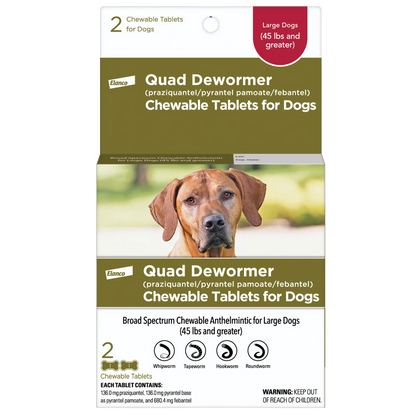 Quad Dewormer,"Front of box with dog photo and two chewable tablets"