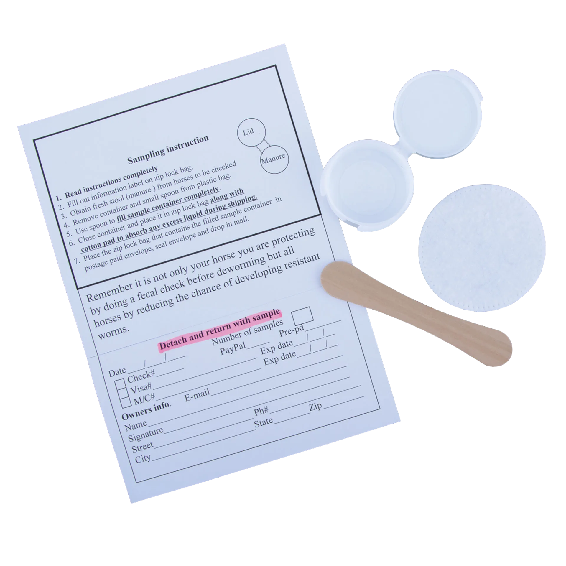 Equine Fecal Egg Count Test,"Sample container with hinged lid, wooden scoop, cotton pad and instruction sheet"