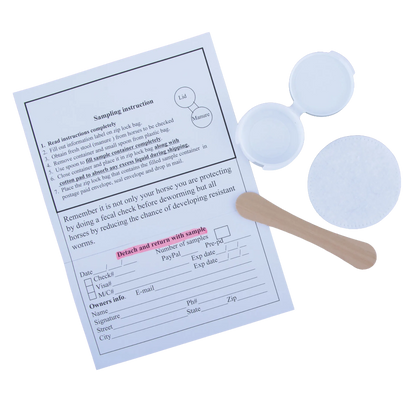 Equine Fecal Egg Count Test,"Sample container with hinged lid, wooden scoop, cotton pad and instruction sheet"