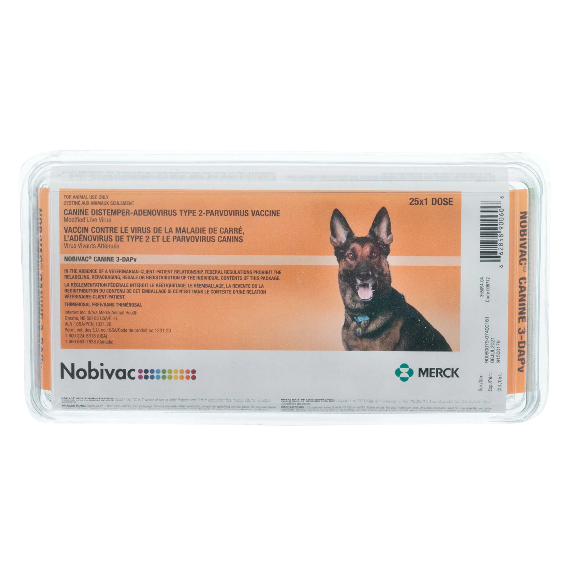 Nobivac® Canine 3-DAPV,"Orange vaccine box in clear plastic tray with German shepherd image"