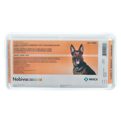 Nobivac® Canine 3-DAPV,"Orange vaccine box in clear plastic tray with German shepherd image"